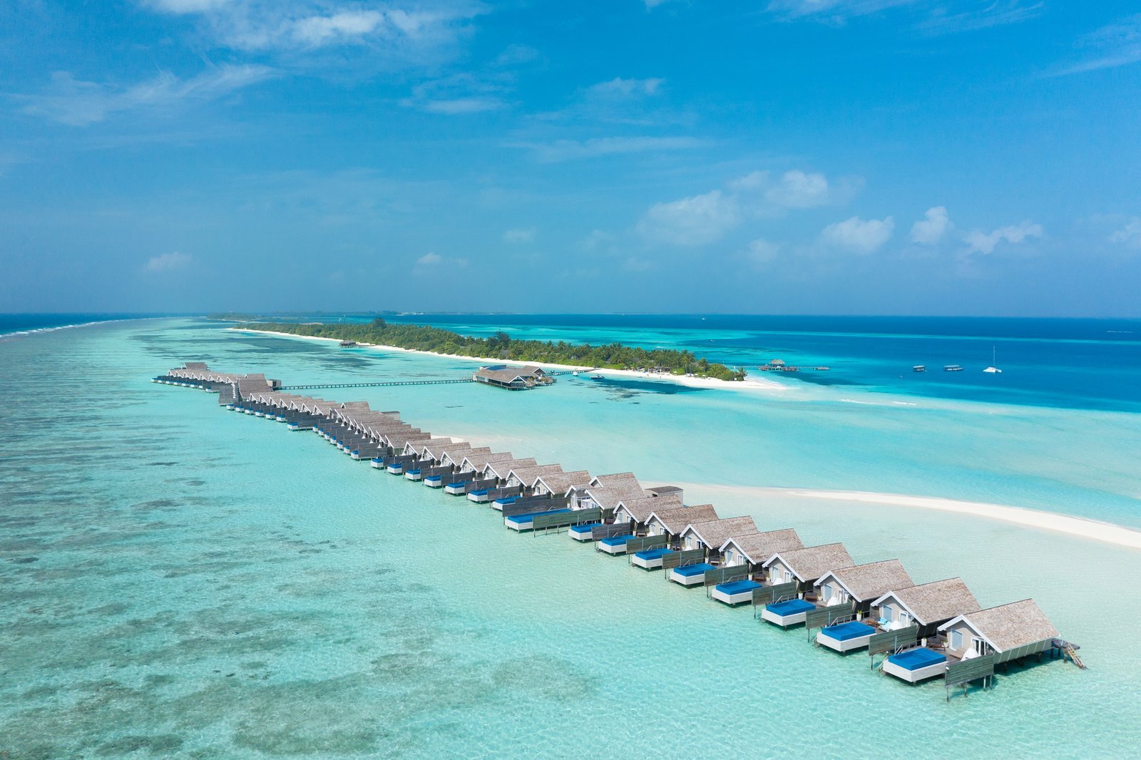Aerial view of Romantic Pool Water Villas, LUX* South Ari Atoll