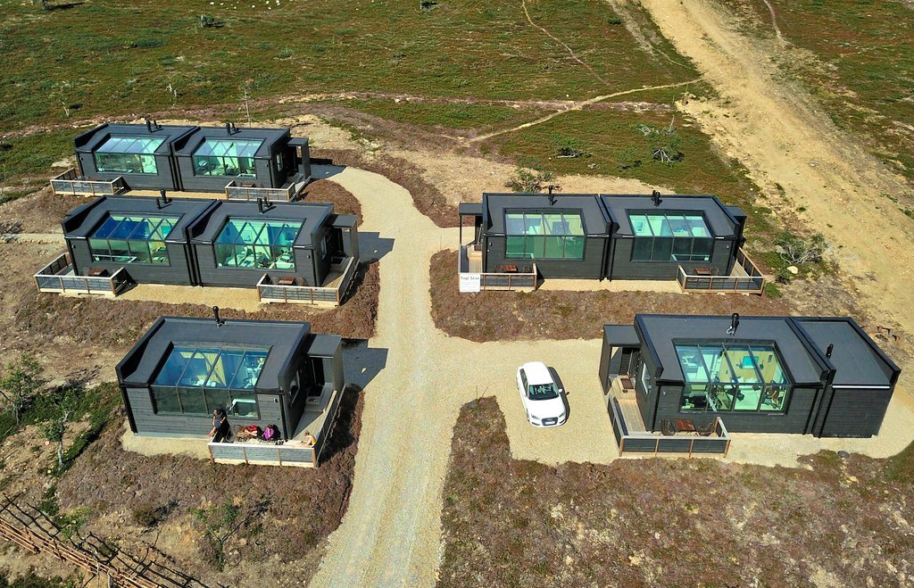 Aerial view of the Northern Lights Village cabin cluster, Saariselkä, Finland