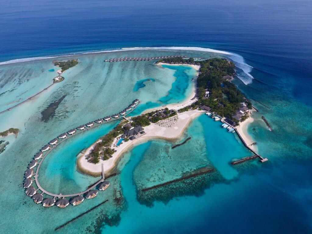 Aerial drone view of Cinnamon Dhonveli Maldives, North Malé Atoll