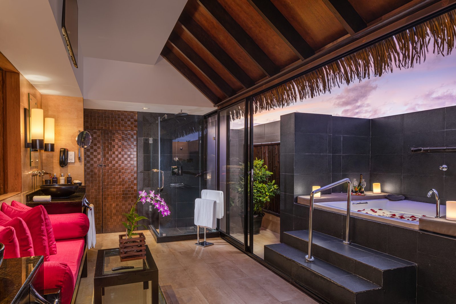 In-villa bath and outdoor rain shower styled for a celebration, Adaaran Prestige Vadoo