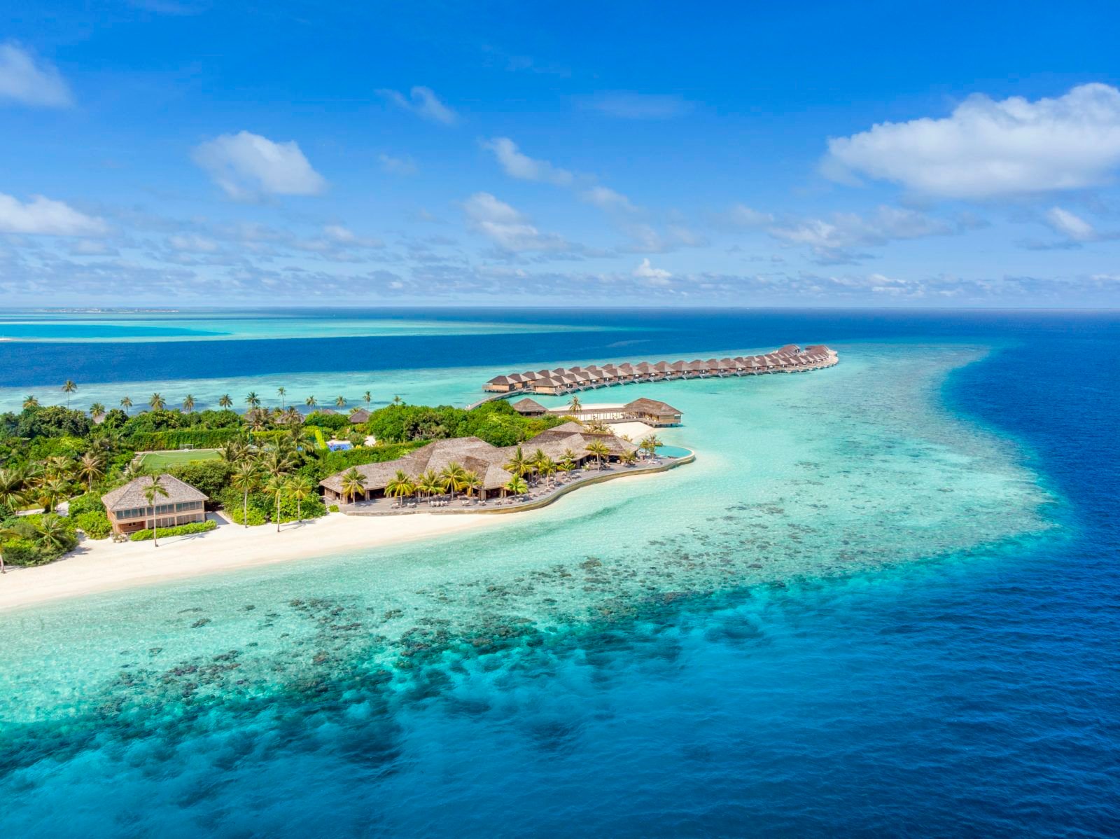 Aerial view of Hurawalhi Island Resort, Lhaviyani Atoll, Maldives