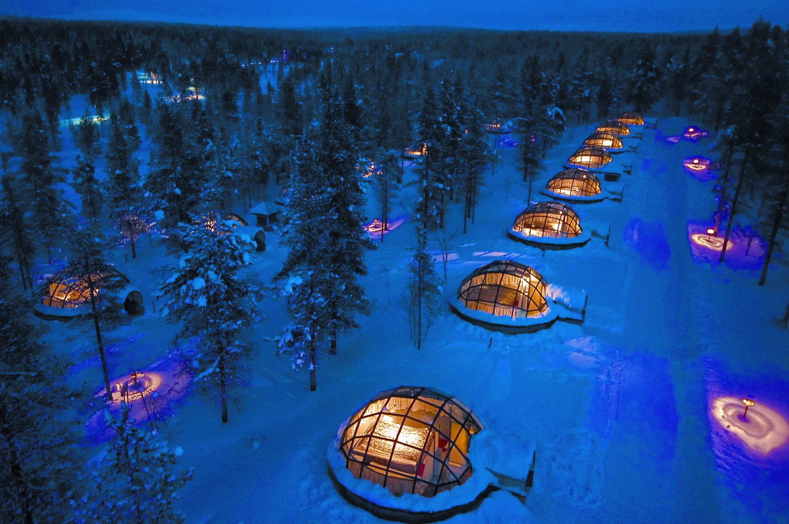 Aerial view of the glass igloos at Kakslauttanen Arctic Resort, Saariselkä