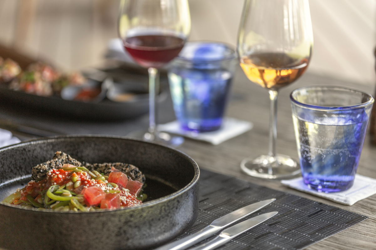 Plated dining dish and drinks, Jawakara Islands Maldives