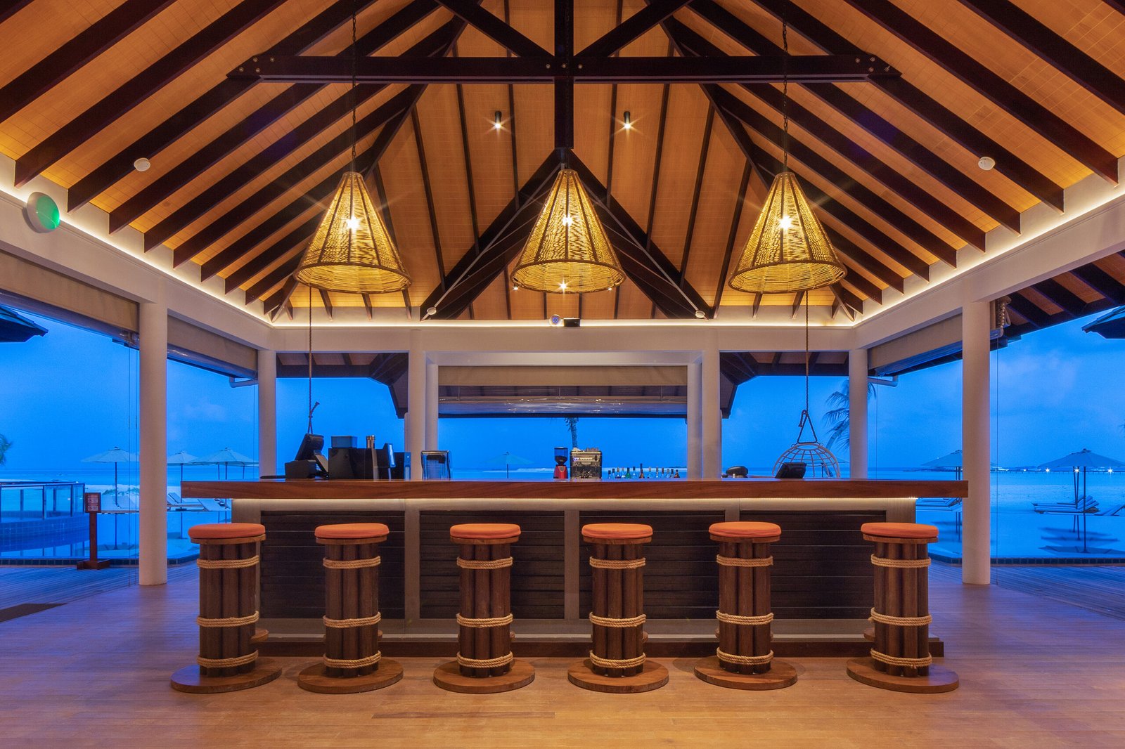 Veli Pool Bar & Lounge interior at dusk, Cinnamon Hakuraa Huraa Maldives