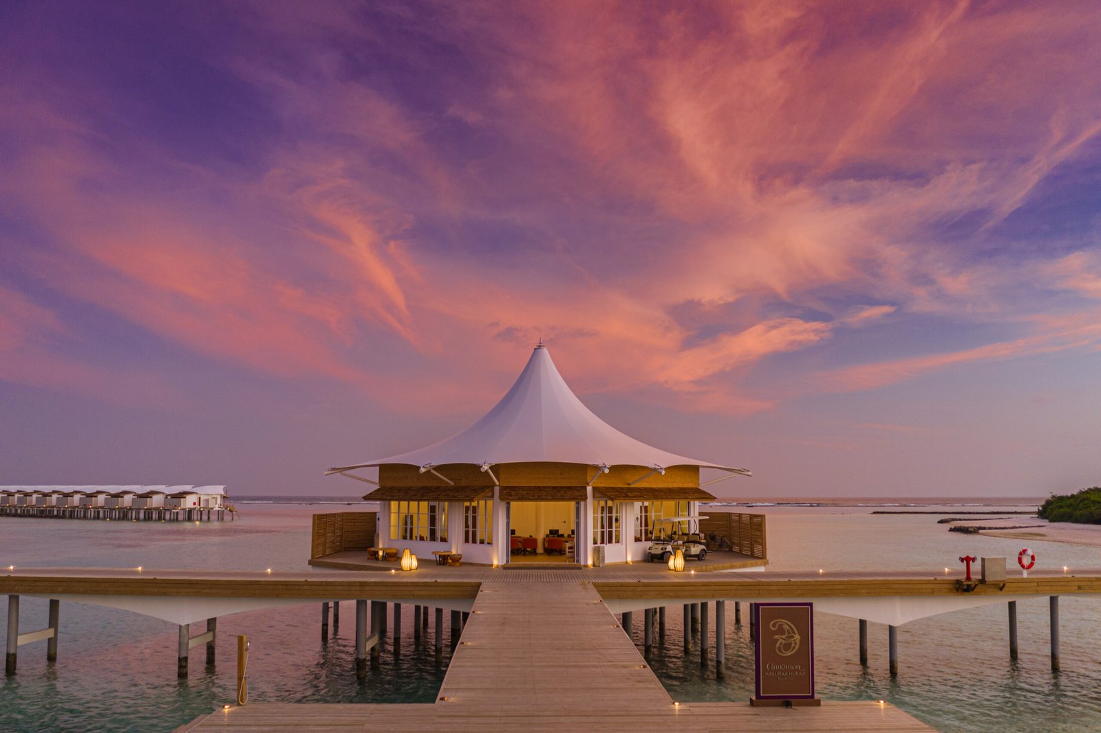 Welcome Pavilion at sunset, Cinnamon Hakuraa Huraa Maldives