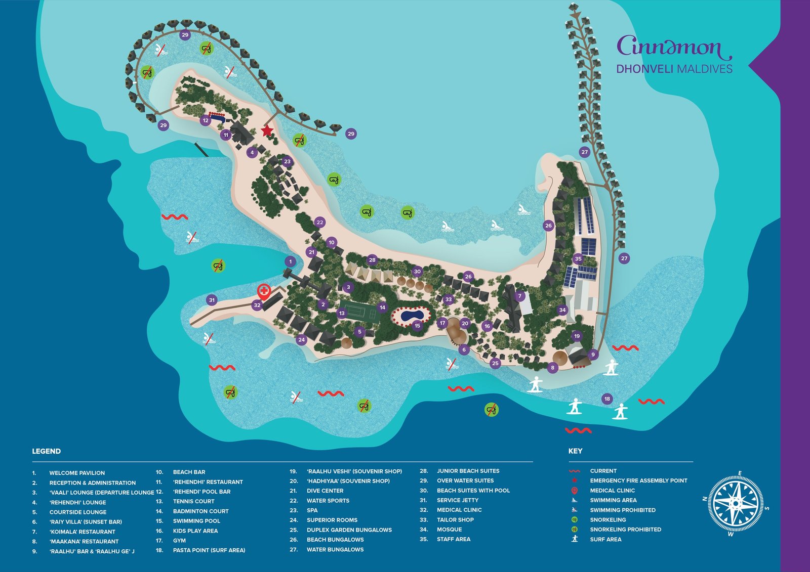 Cinnamon Dhonveli Maldives resort map — villas, restaurants, Pasta Point surf area and dive centre (supplier map)