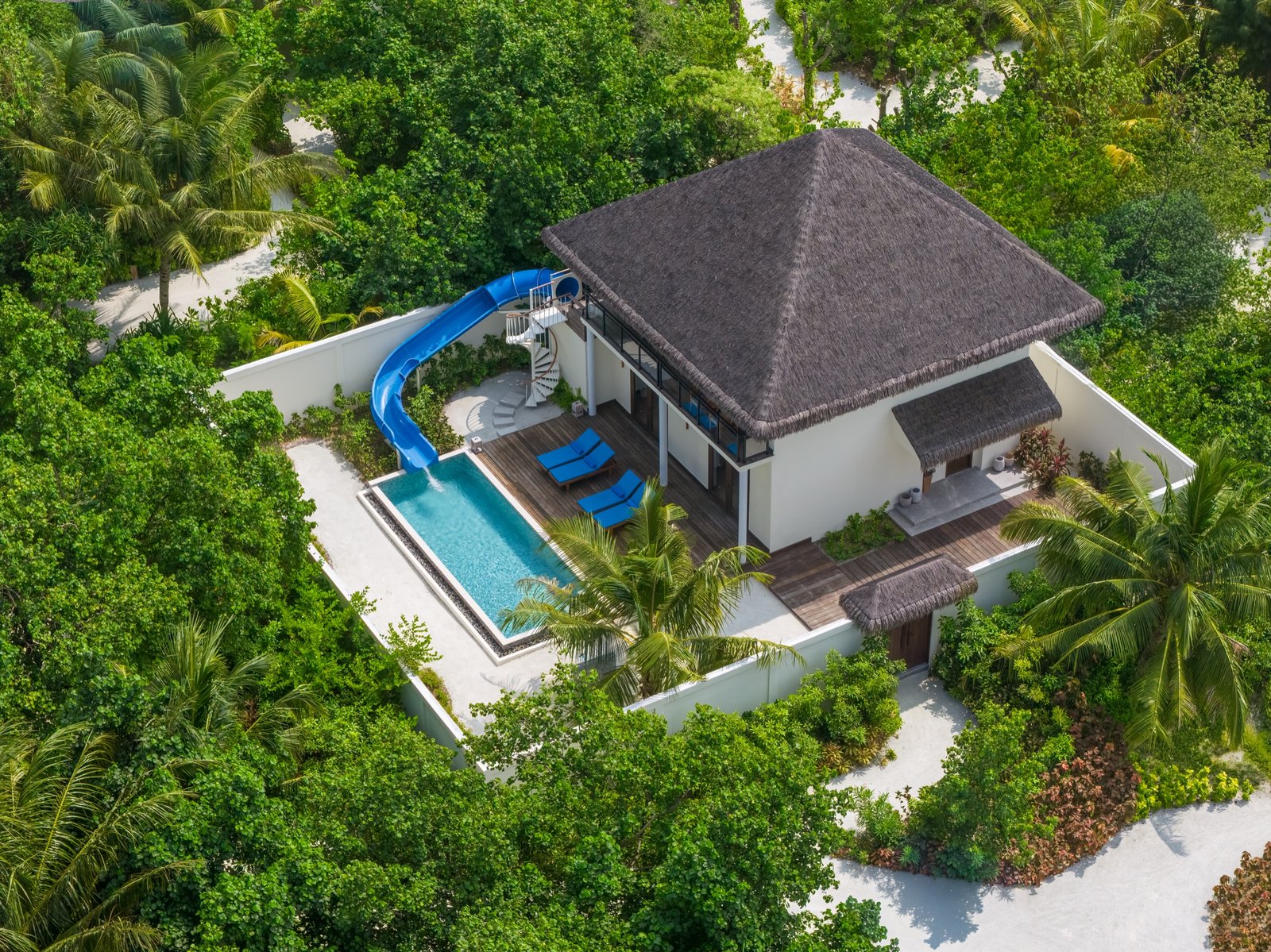 Two Bedroom Garden Residence with private pool and slide from the air, dusitD2 Feydhoo Maldives