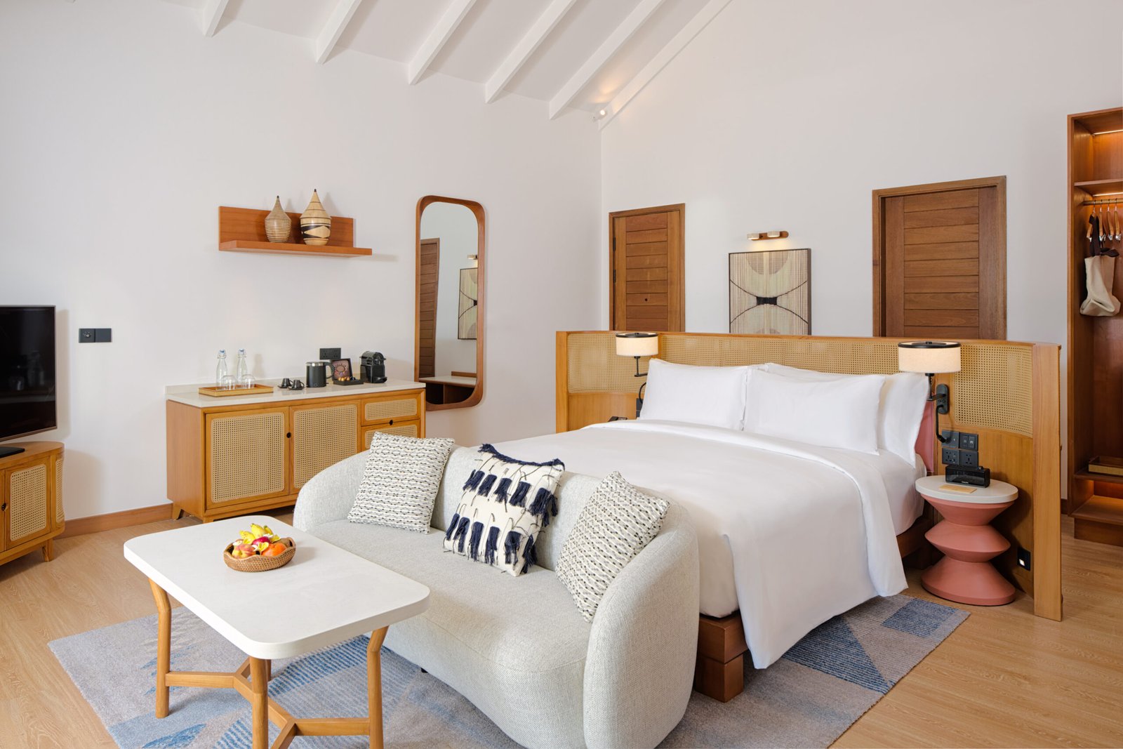 Beach Villa bedroom interior, dusitD2 Feydhoo Maldives