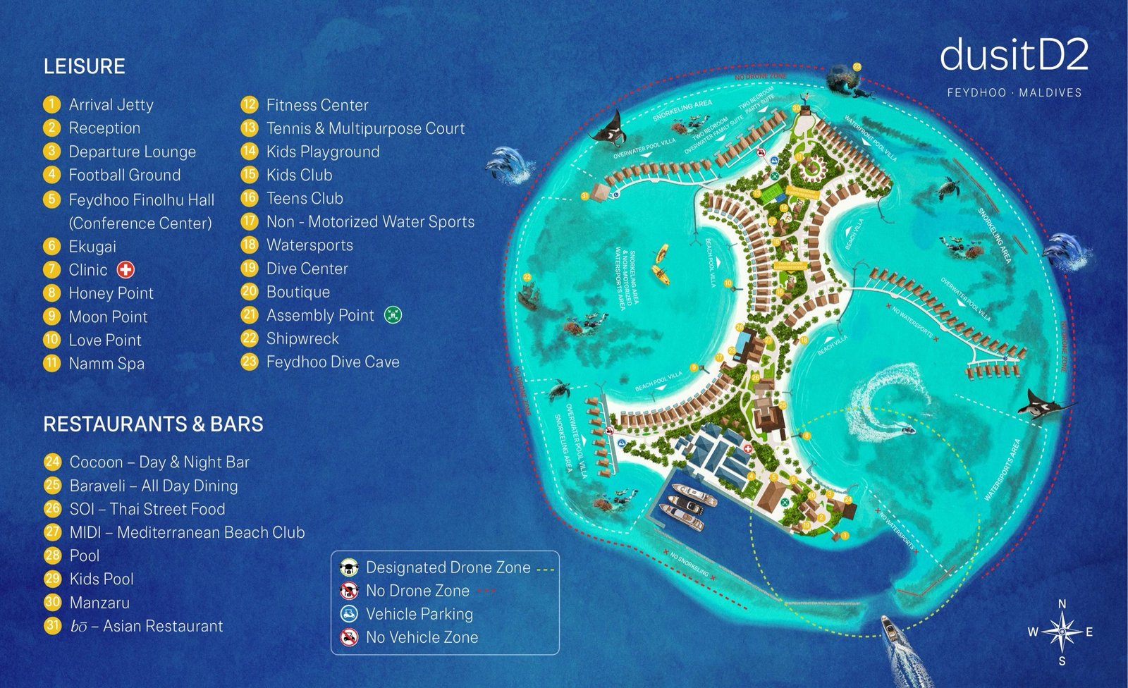 dusitD2 Feydhoo Maldives resort map — villas, restaurants and bars, dive and watersports points (supplier map)