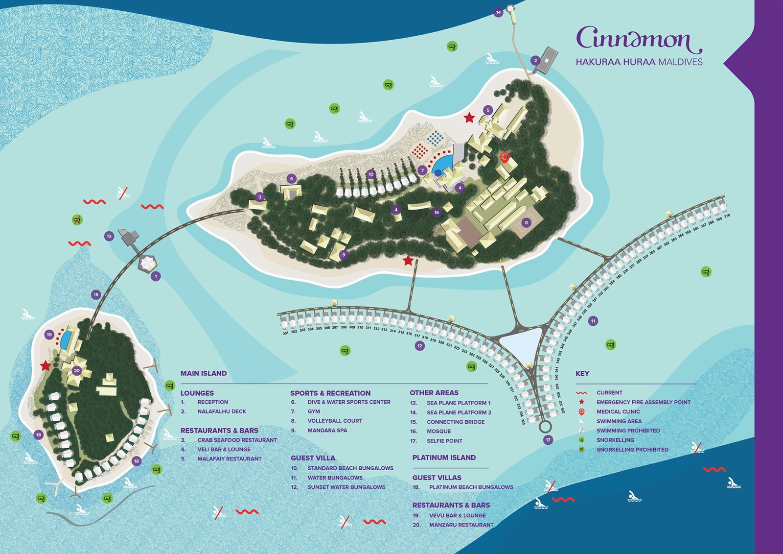 Cinnamon Hakuraa Huraa Maldives resort map — the main island and Platinum Island, with the two seaplane platforms (supplier map)