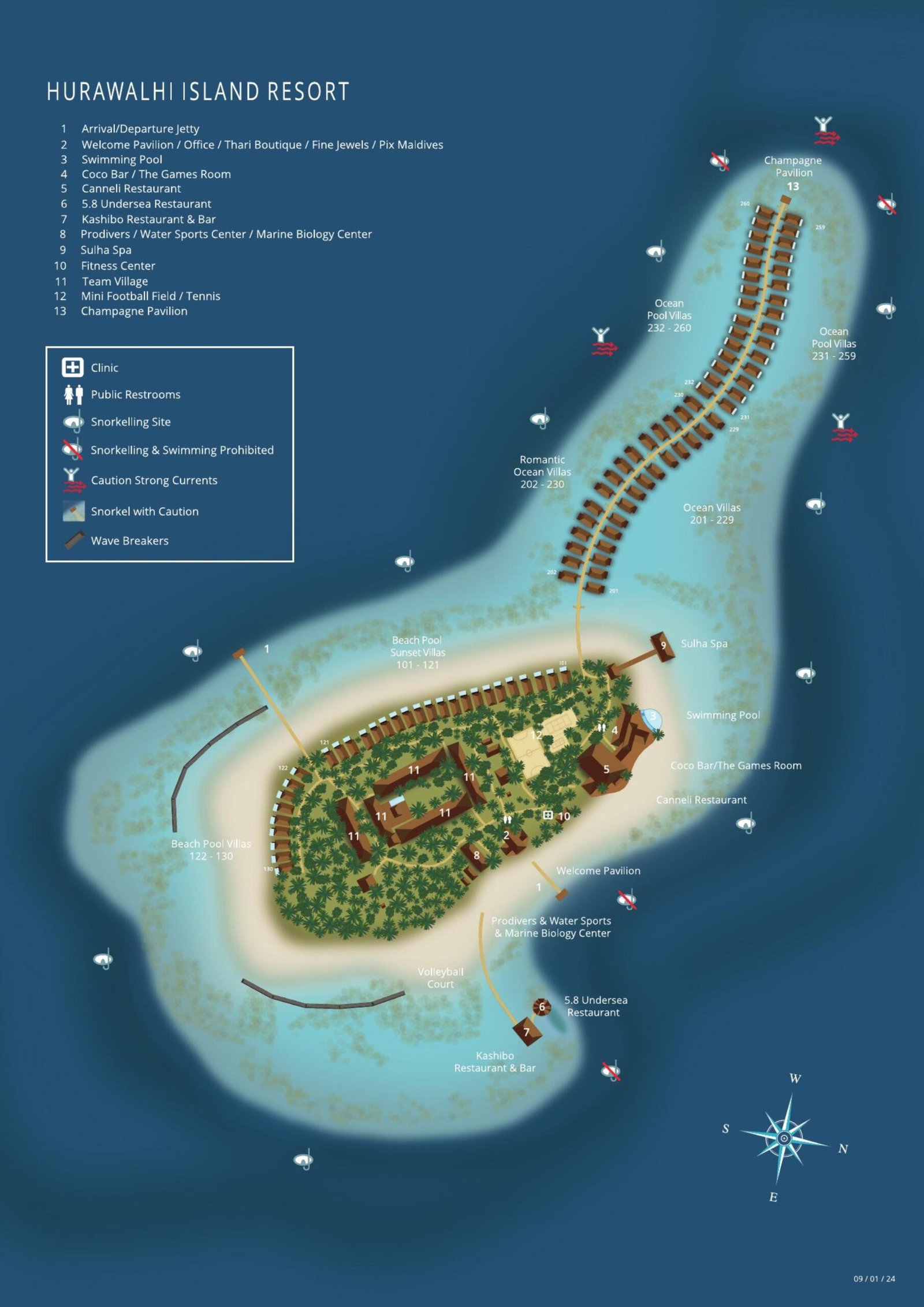 Hurawalhi Island Resort map — villas, restaurants, Marine Biology Center, snorkelling sites and the 5.8 Undersea Restaurant (supplier map)
