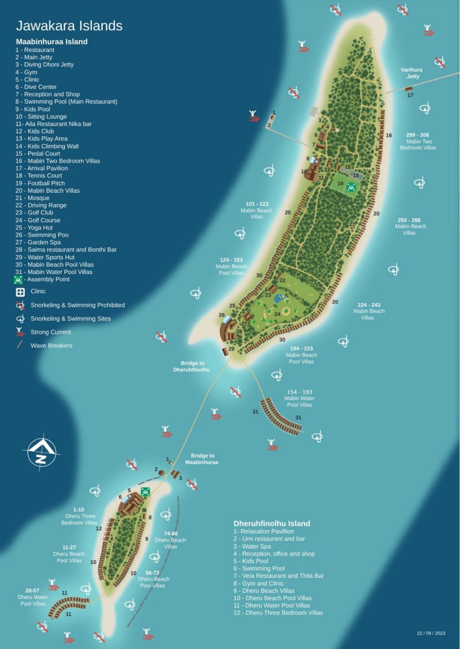 Jawakara Islands resort map — Maabinhuraa and Dheruhfinolhu islands, the connecting bridge, villas, restaurants and snorkelling points (supplier map)