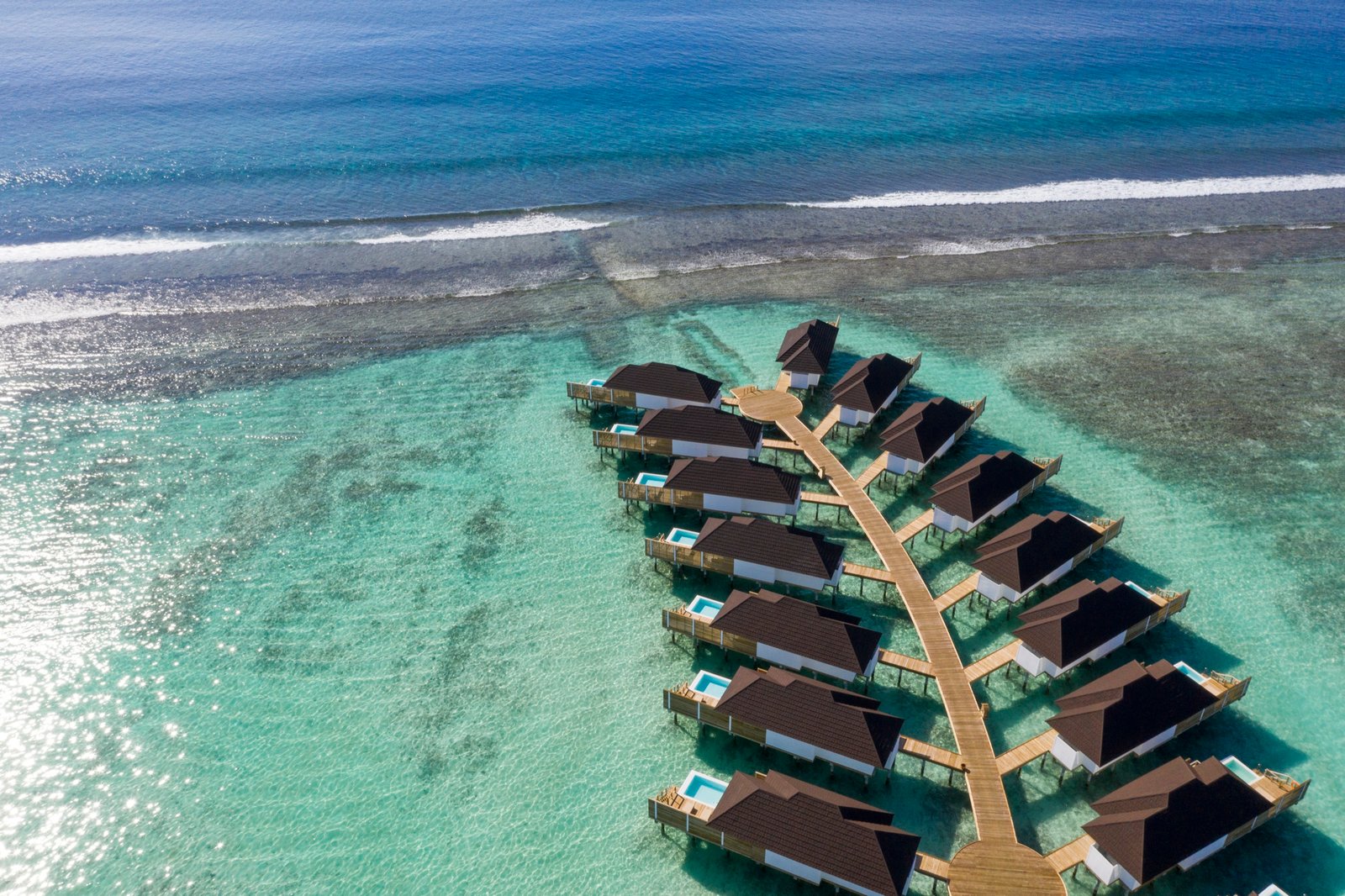 Grand Water Villas with Pool over the lagoon from the air, Sun Siyam Olhuveli