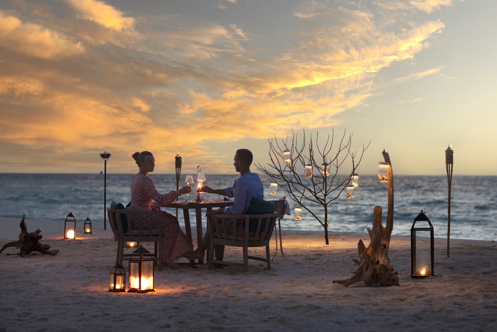 A private beach dinner at sunset, Hurawalhi Island Resort, Lhaviyani Atoll