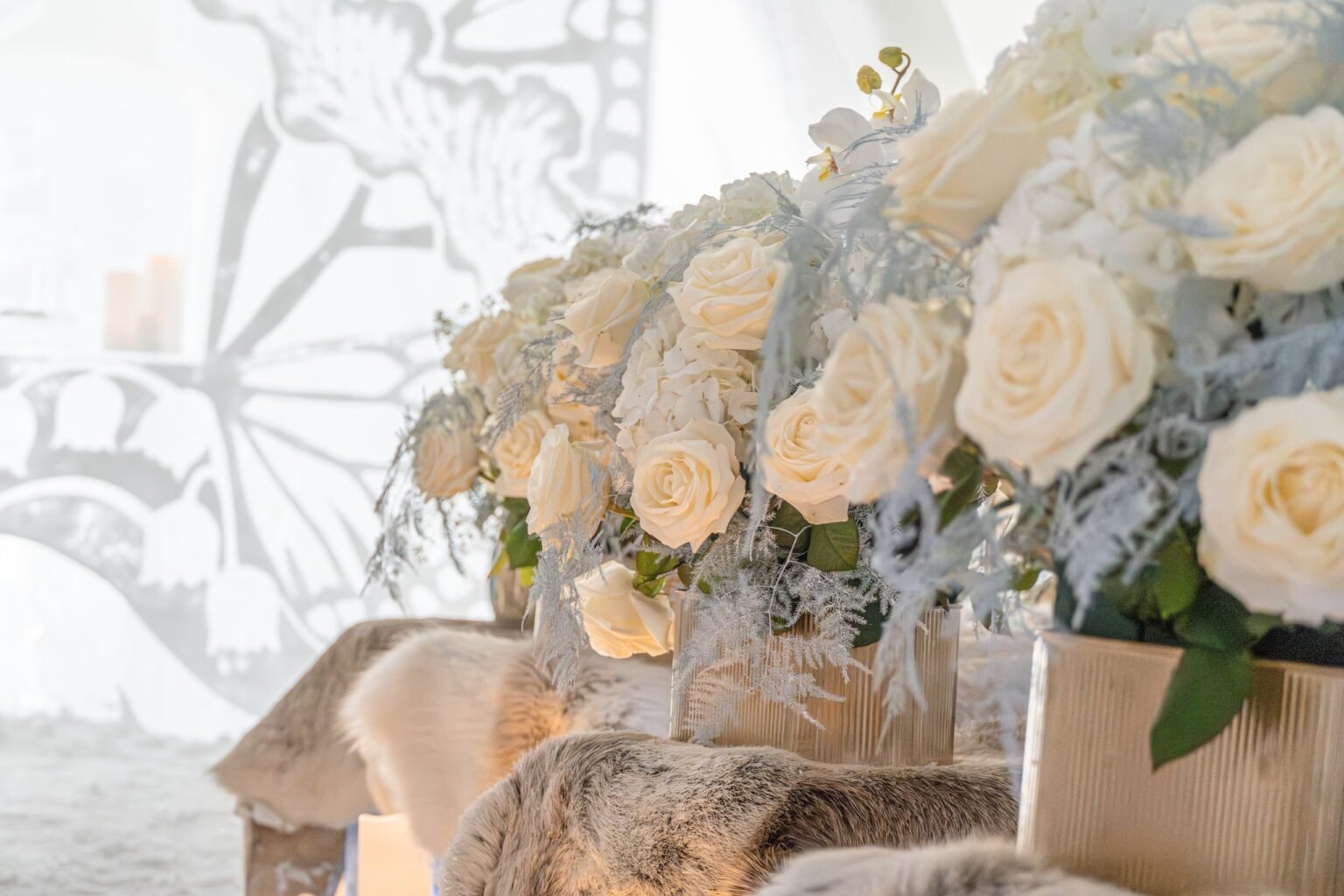 Flowers prepared for a wedding at the Ice Chapel — Arctic SnowHotel & Glass Igloos, Sinettä, Rovaniemi