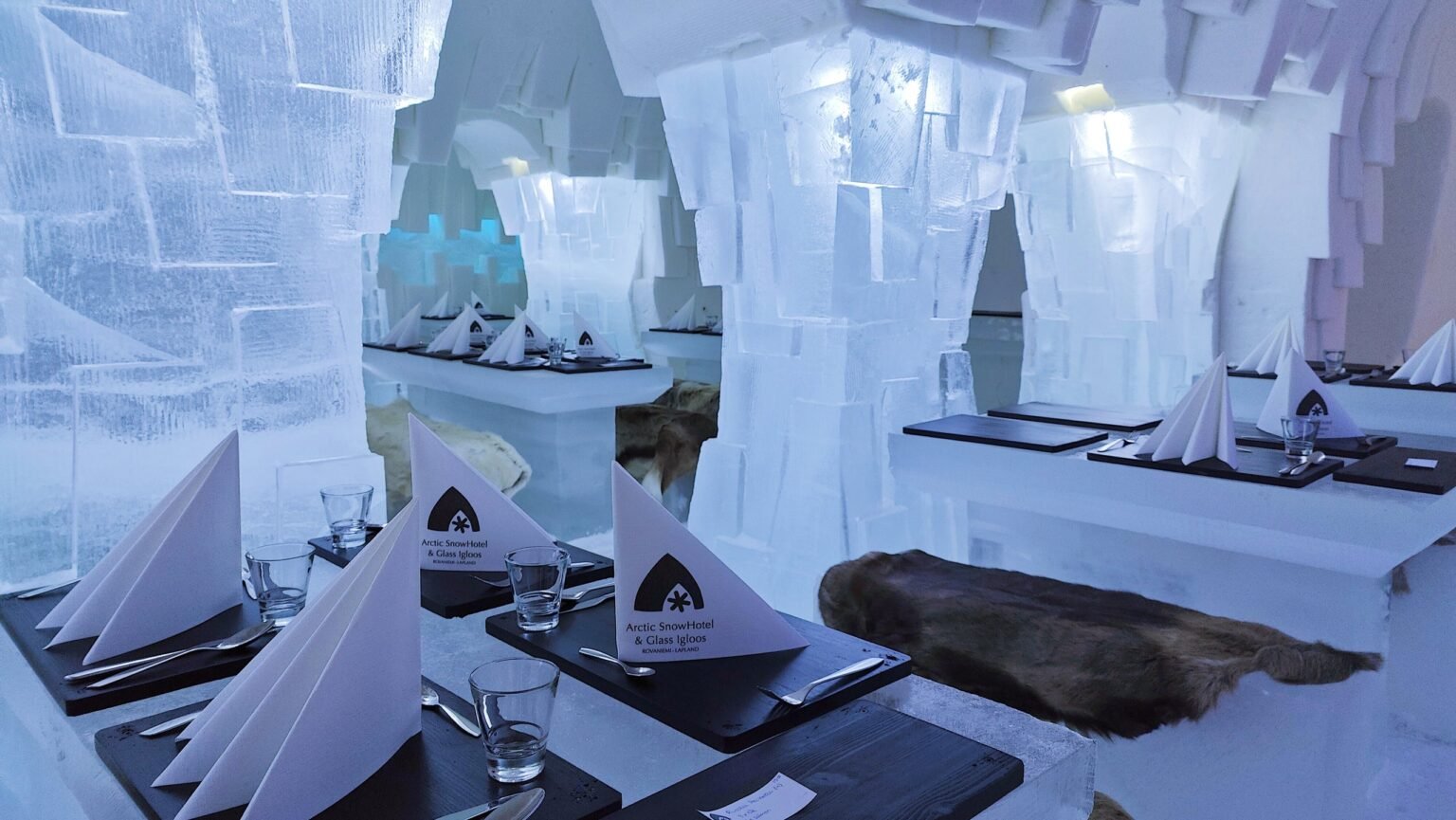 The Ice Restaurant, built entirely of snow and ice — Arctic SnowHotel & Glass Igloos, Sinettä, Rovaniemi