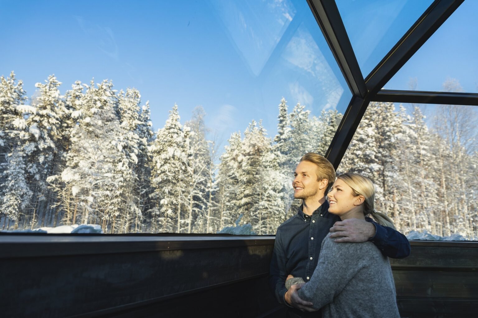 A heated glass igloo under the night sky — Arctic SnowHotel & Glass Igloos, Sinettä, Rovaniemi