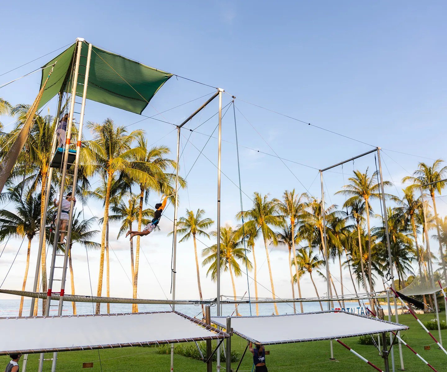 The flying trapeze rig among the palms, Club Med Bintan Island, Bintan Island, Indonesia
