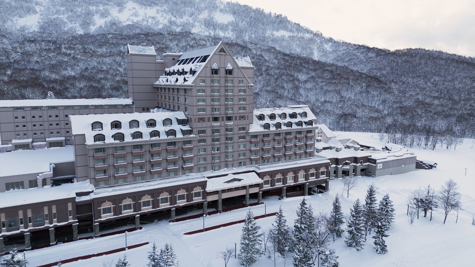 Aerial view of the ski slopes at Club Med Kiroro Grand, Hokkaido, Japan