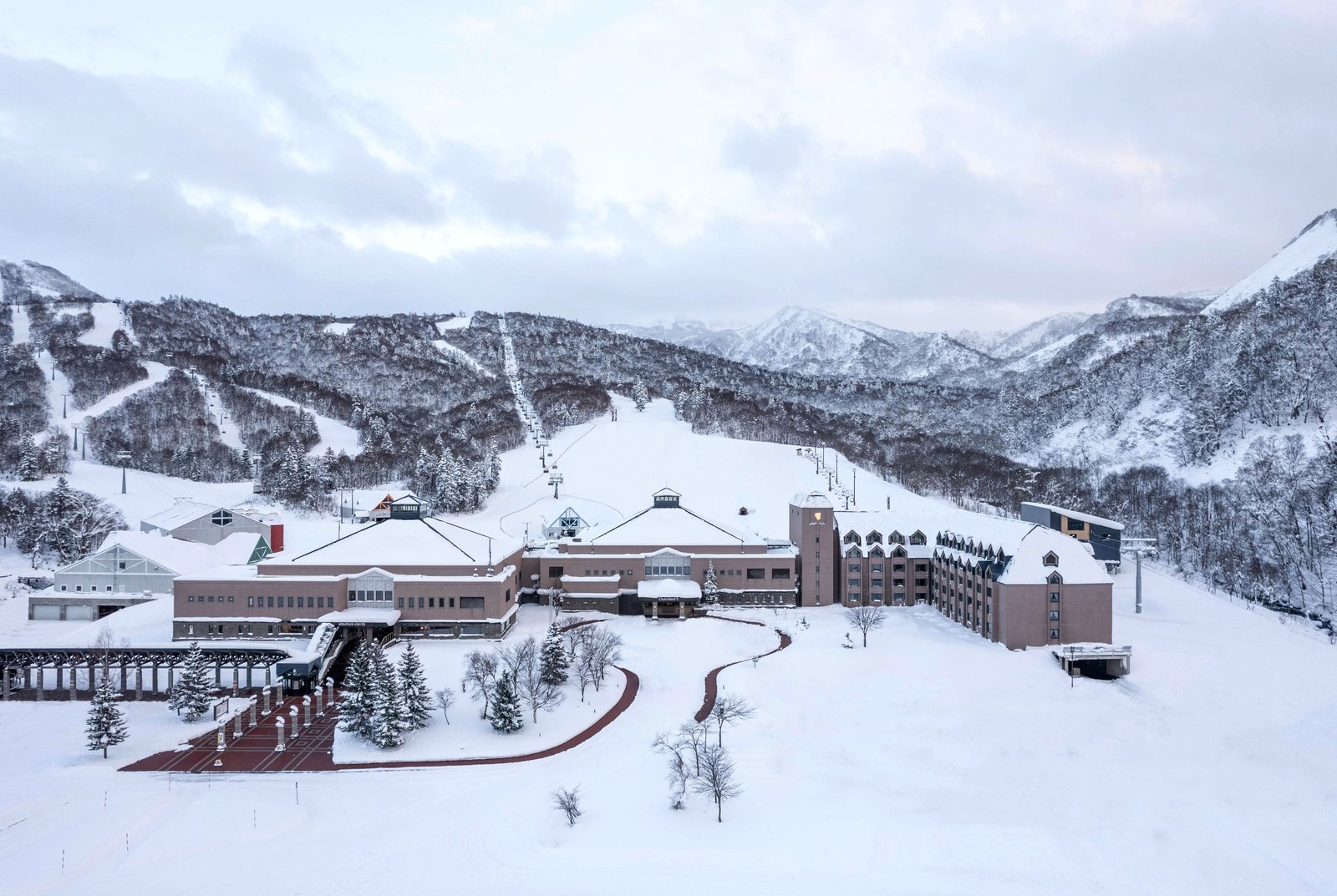 Aerial view of the ski slopes at Club Med Kiroro Peak, Hokkaido, Japan