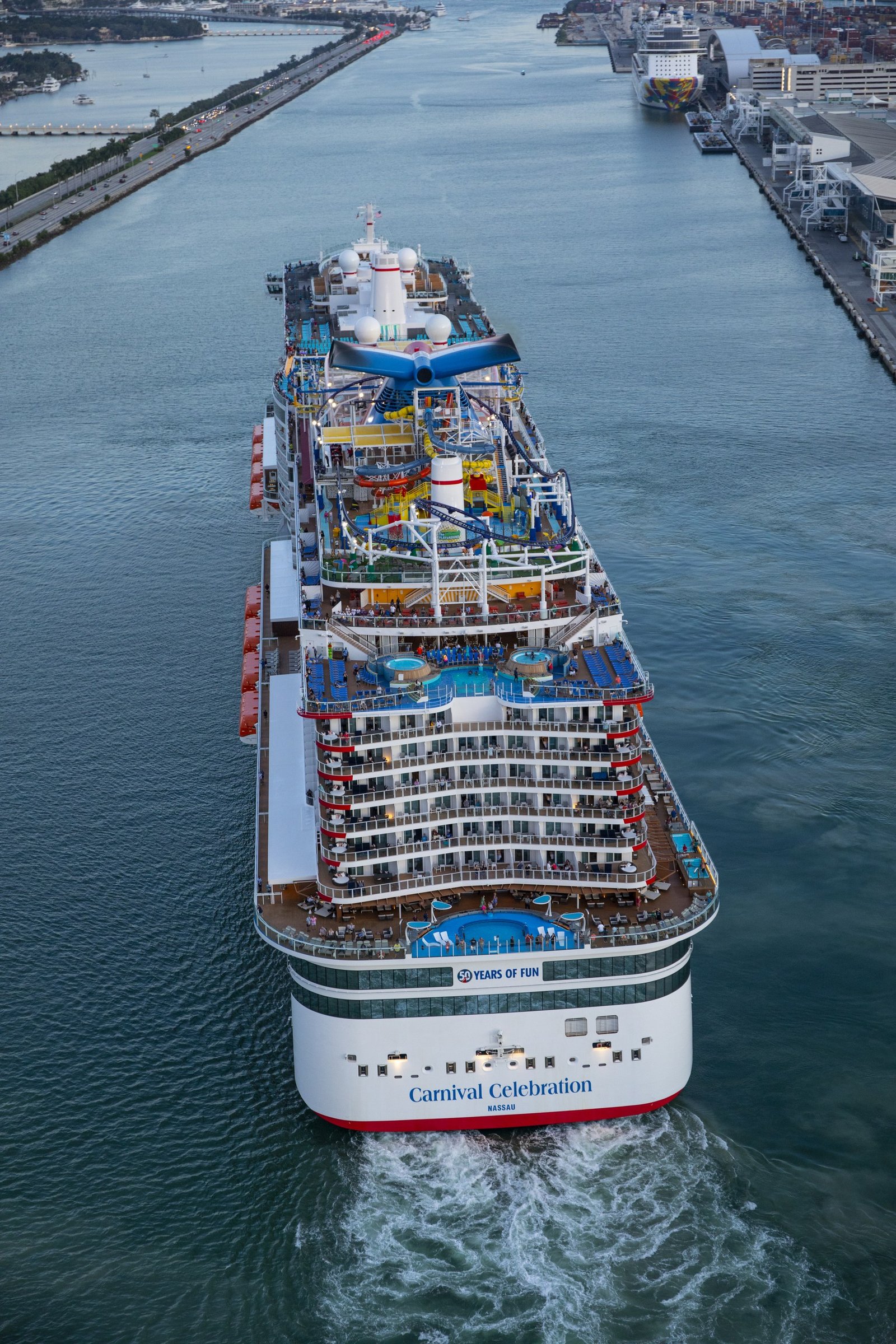 A Carnival Cruise Line ship seen head-on from above