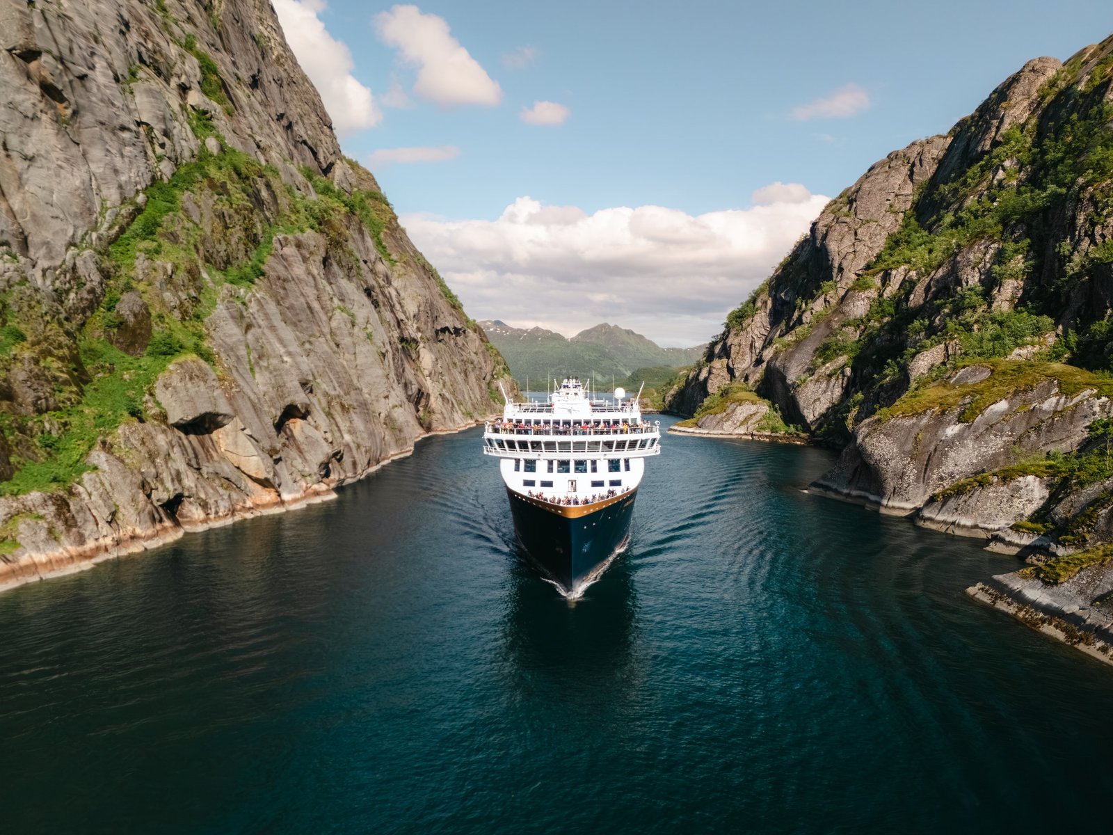 A Havila Voyages ship entering the Trollfjord, Norway
