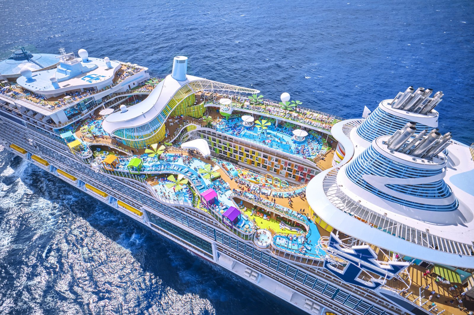 The top decks of a Royal Caribbean ship from the air