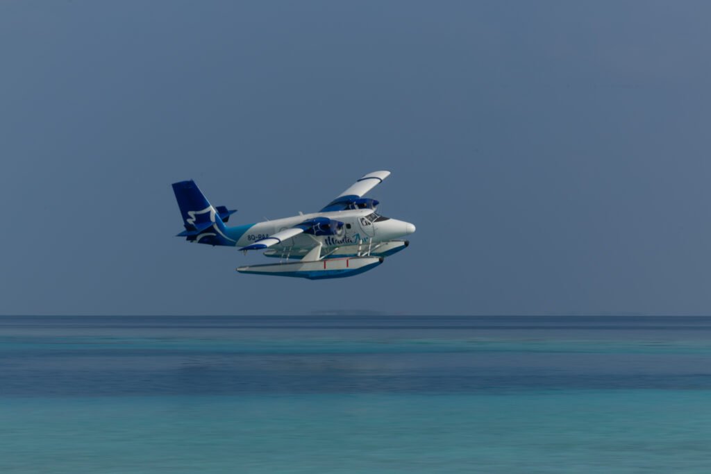 Seaplane on the lagoon at Dhigufaru Island Resort, Baa Atoll