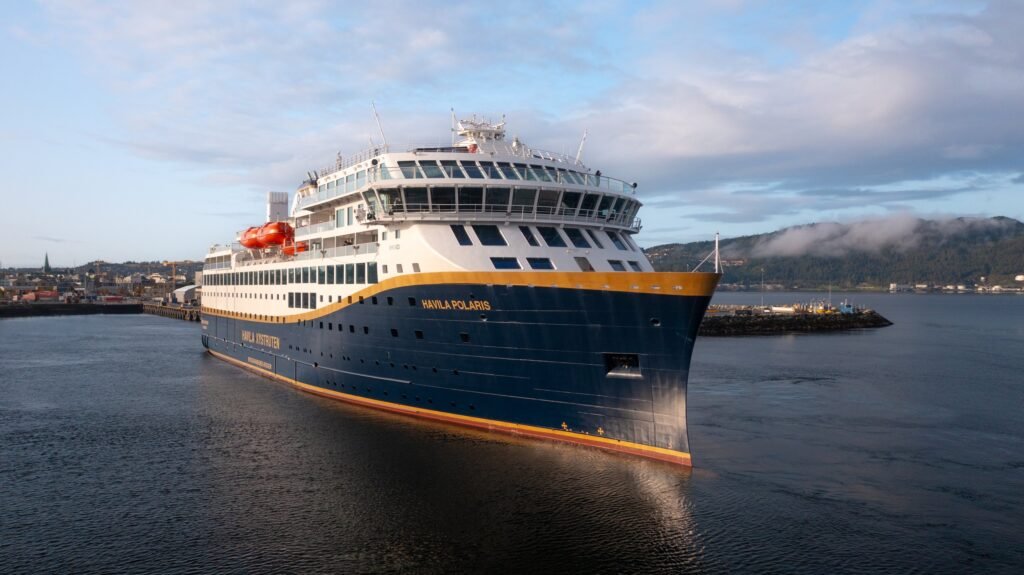 Havila Polaris at Trondheim, her name lettered on the bow