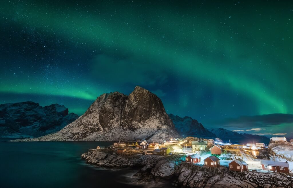 The northern lights above Hamnoy in the Lofoten islands, Norway