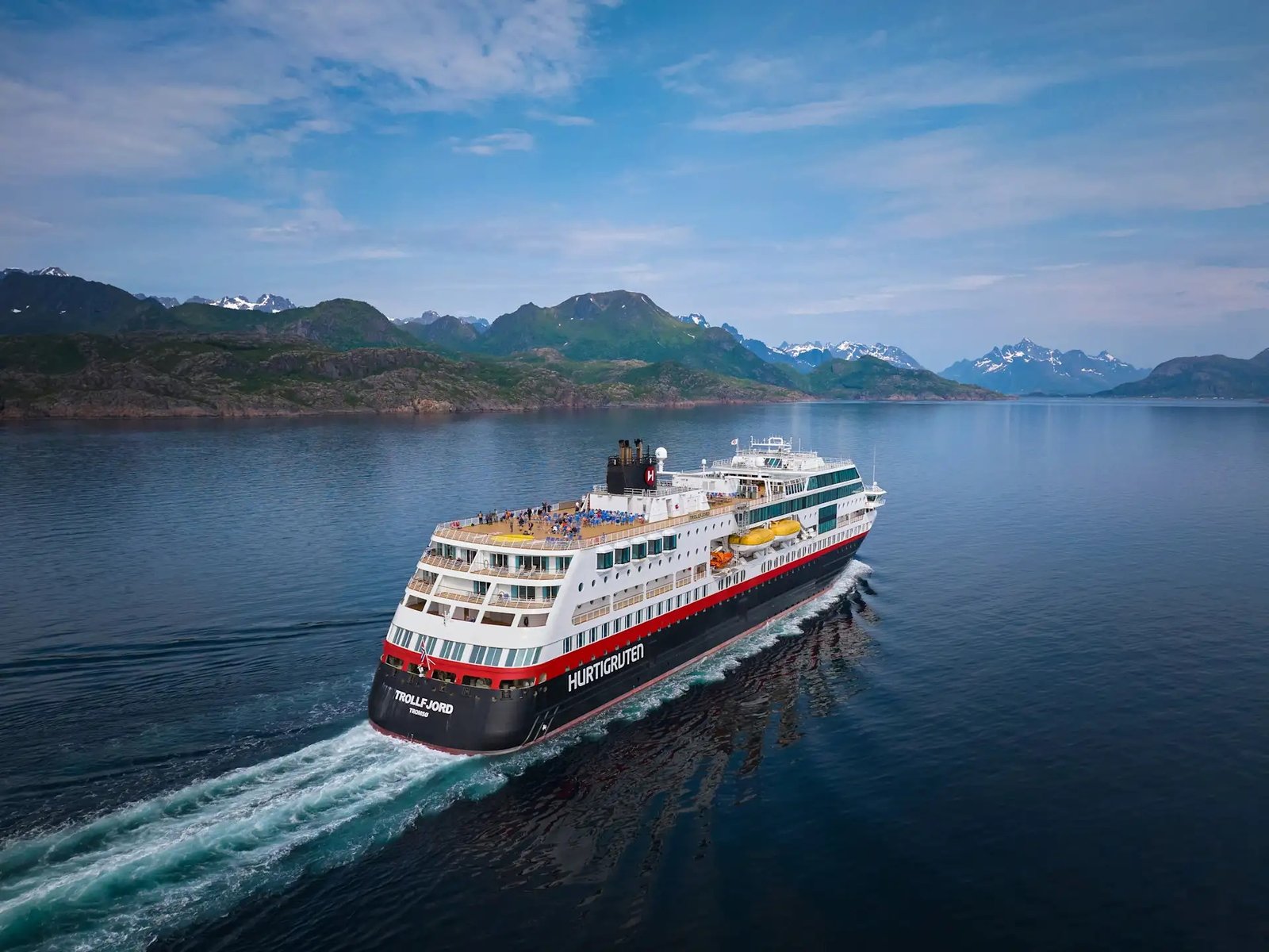 MS Trollfjord, a Hurtigruten Coastal Express ship, in a Nordland fjord