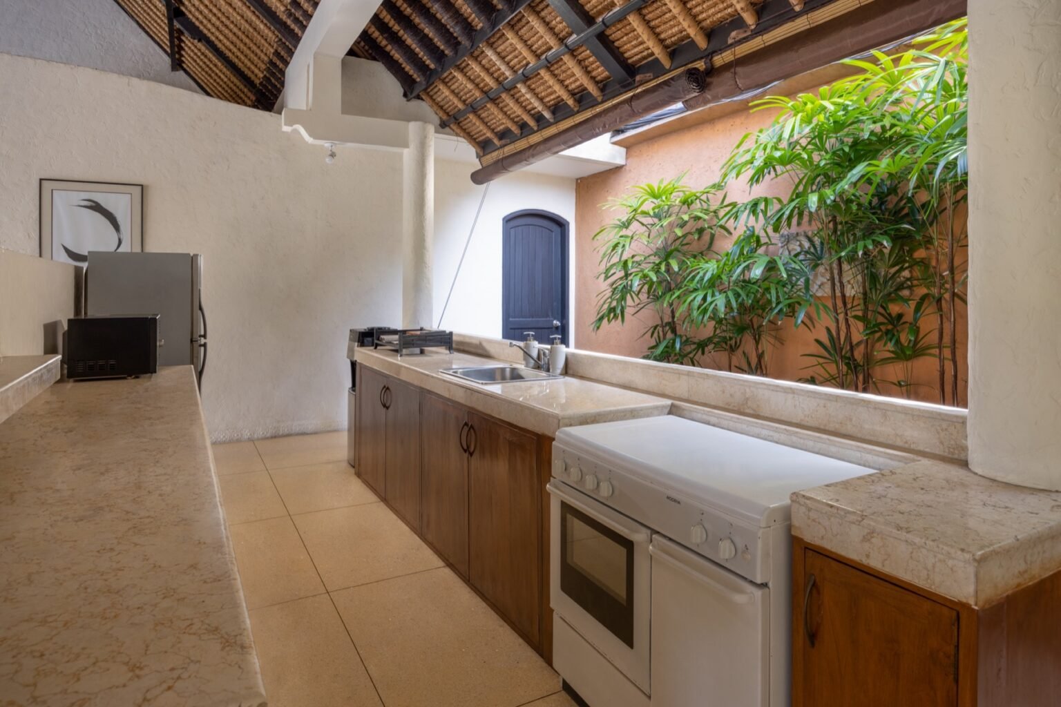 A villa kitchen with a counter, a cooker, a microwave and planting visible through the opening.