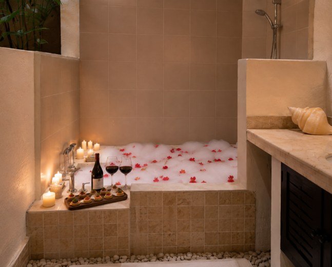 A stone bathtub filled with foam and rose petals, with lit candles, a bottle and two glasses on the surround.