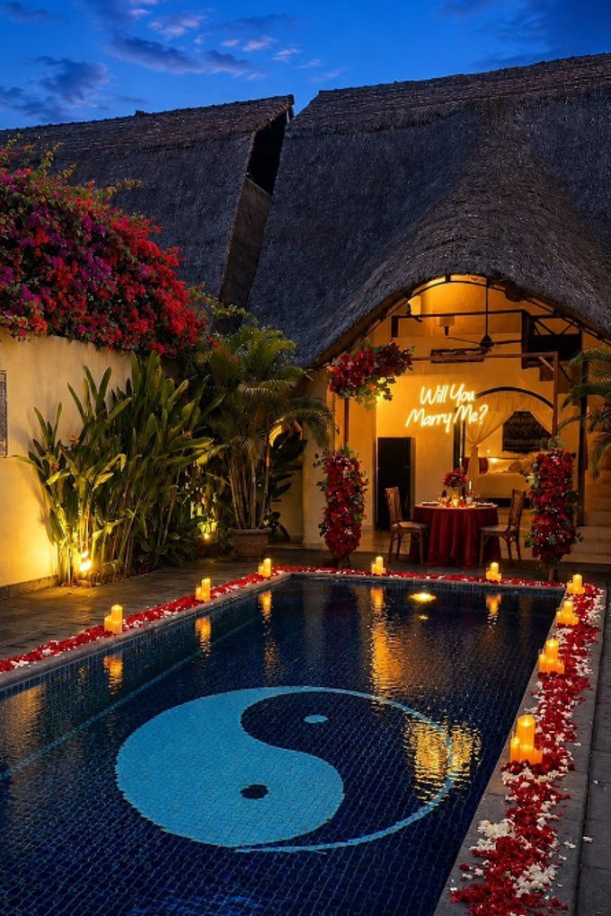 A villa pool at night edged with candles and petals, a table set under the thatched roof beyond it and a lit 'Will you marry me?' sign on the wall.