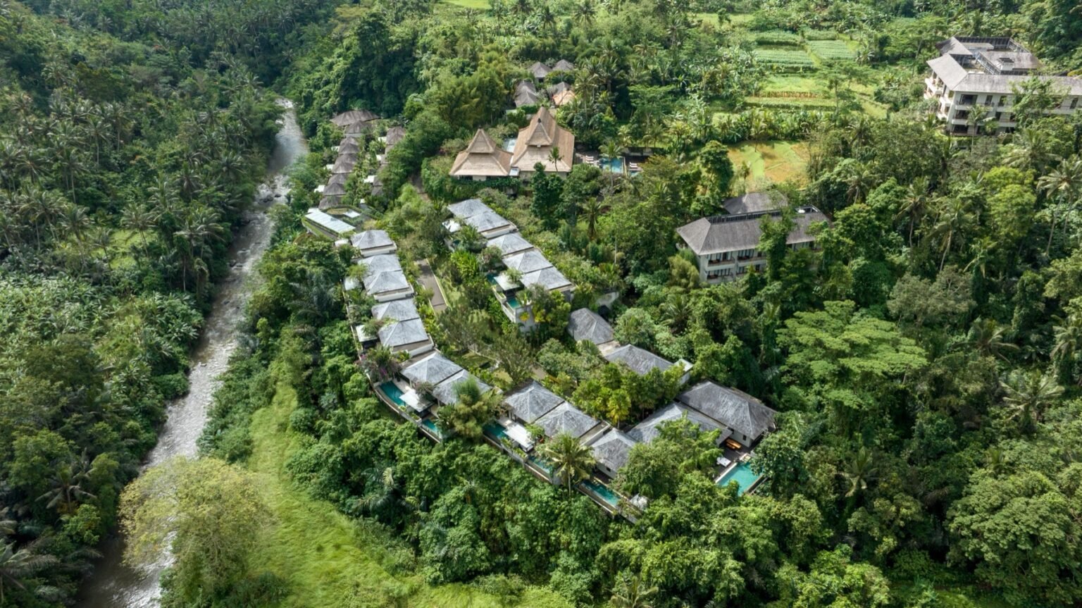 An aerial view of the resort buildings among palms above a river valley.
