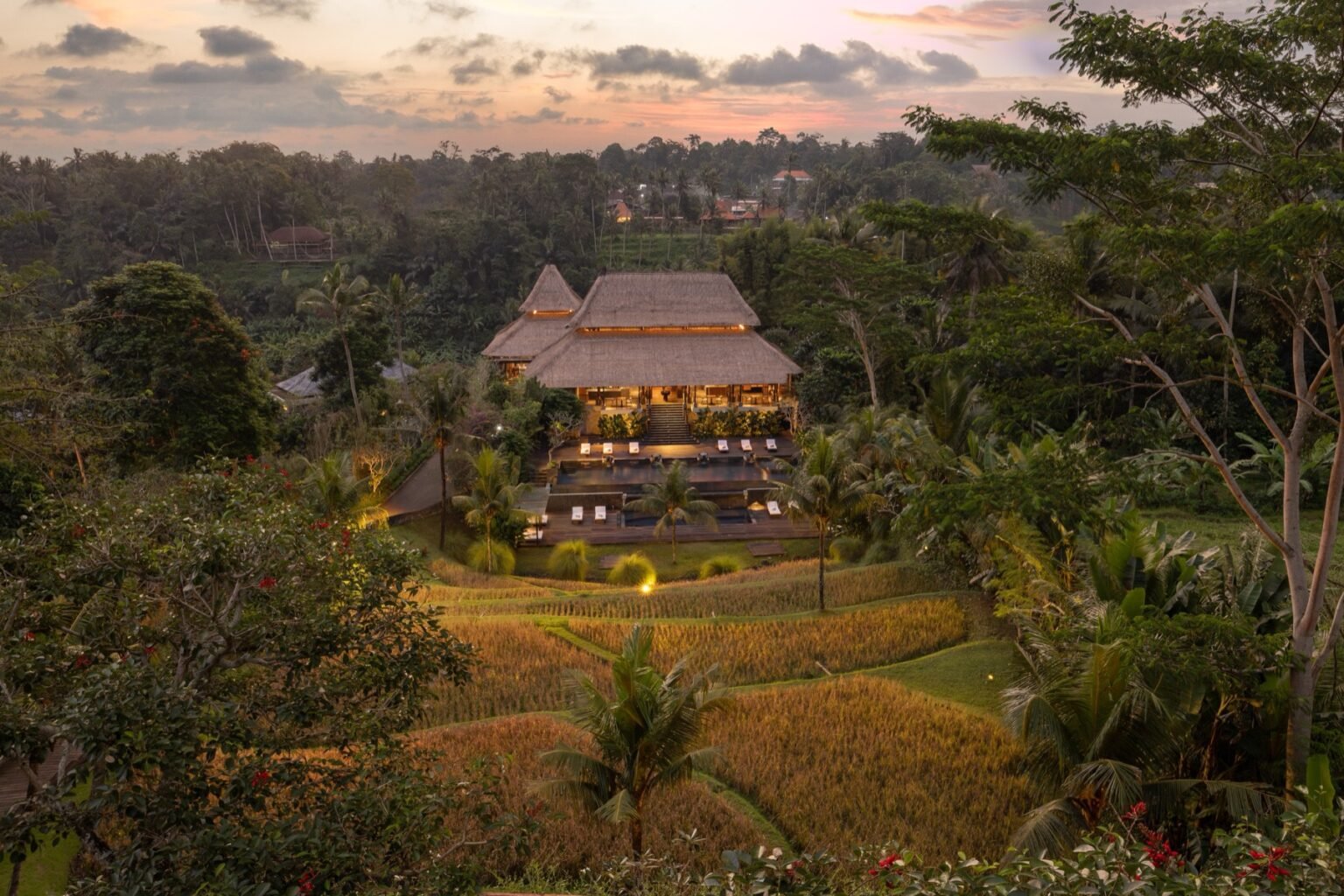 A restaurant dining room open on one side to rice fields and hillside jungle.