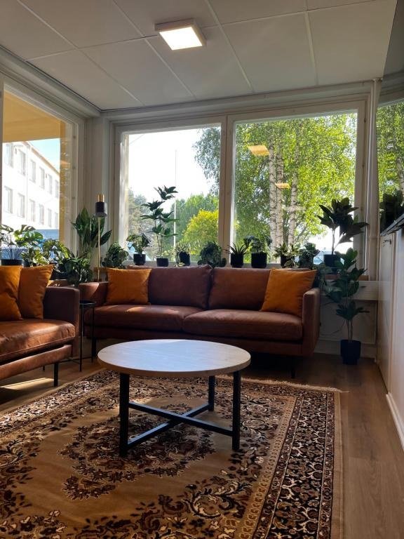 Sofas and a rug in the shared lounge at the boutique hotel in Kemijarvi