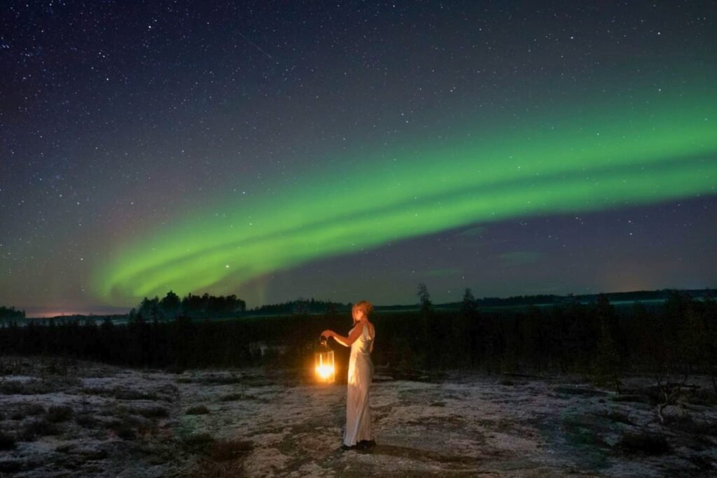 The northern lights over snow-covered forest in Lapland