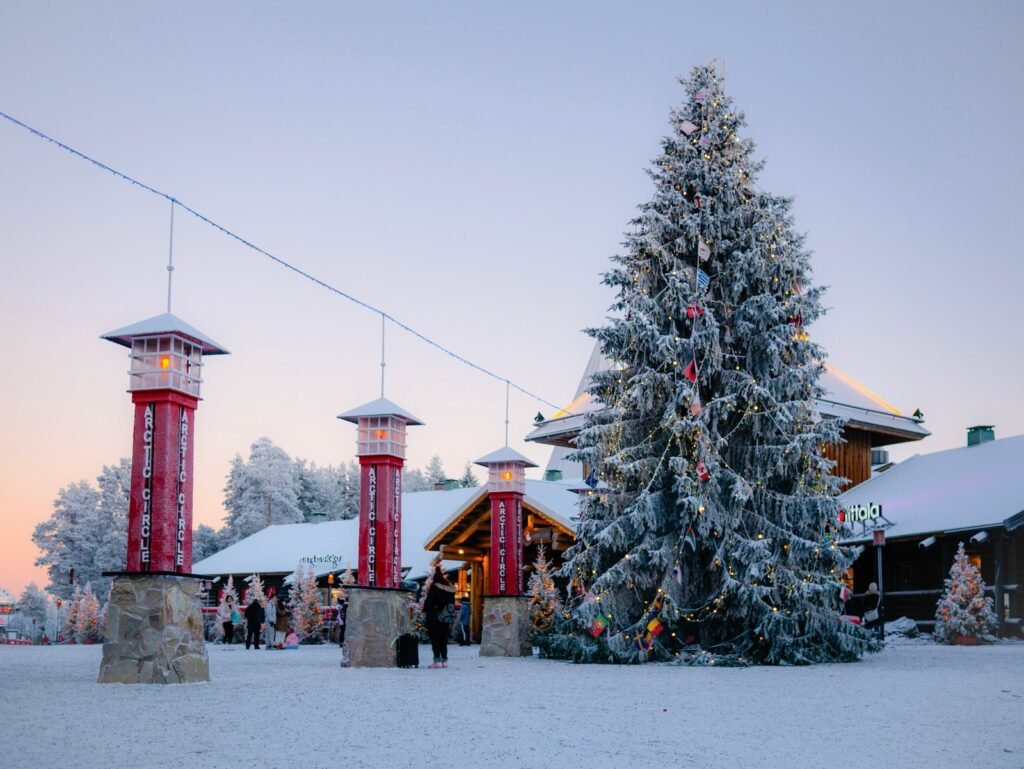 Santa Claus Village, Rovaniemi, lit at dusk