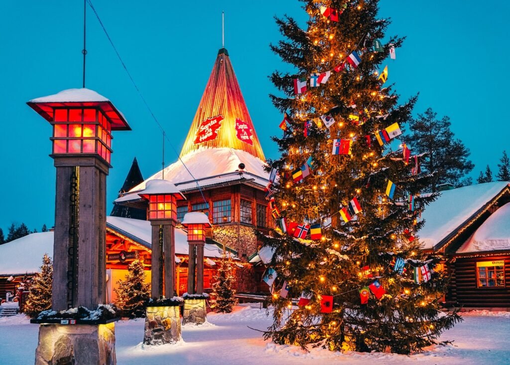 Santa Claus Village, Rovaniemi, lit at dusk