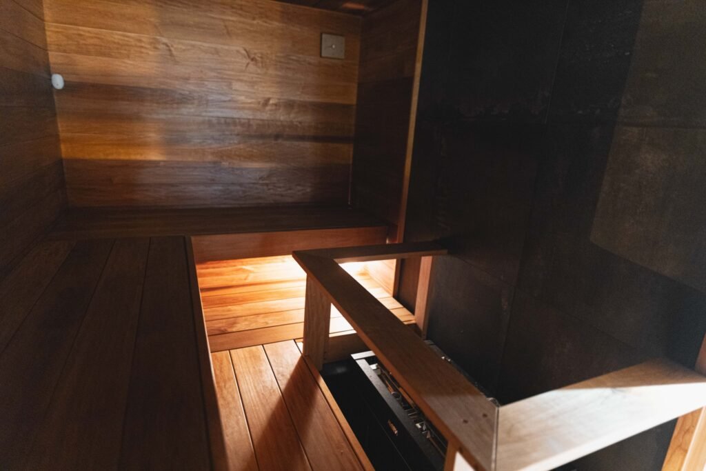 The timber benches of a sauna in an apartment in central Rovaniemi