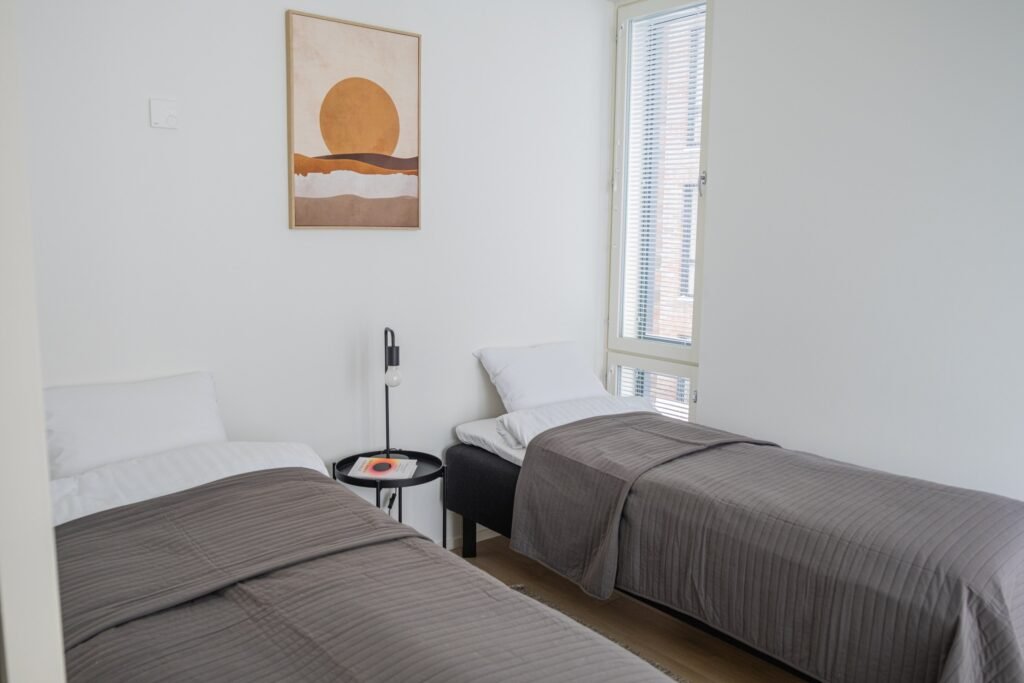 Two single beds in a studio apartment in central Rovaniemi